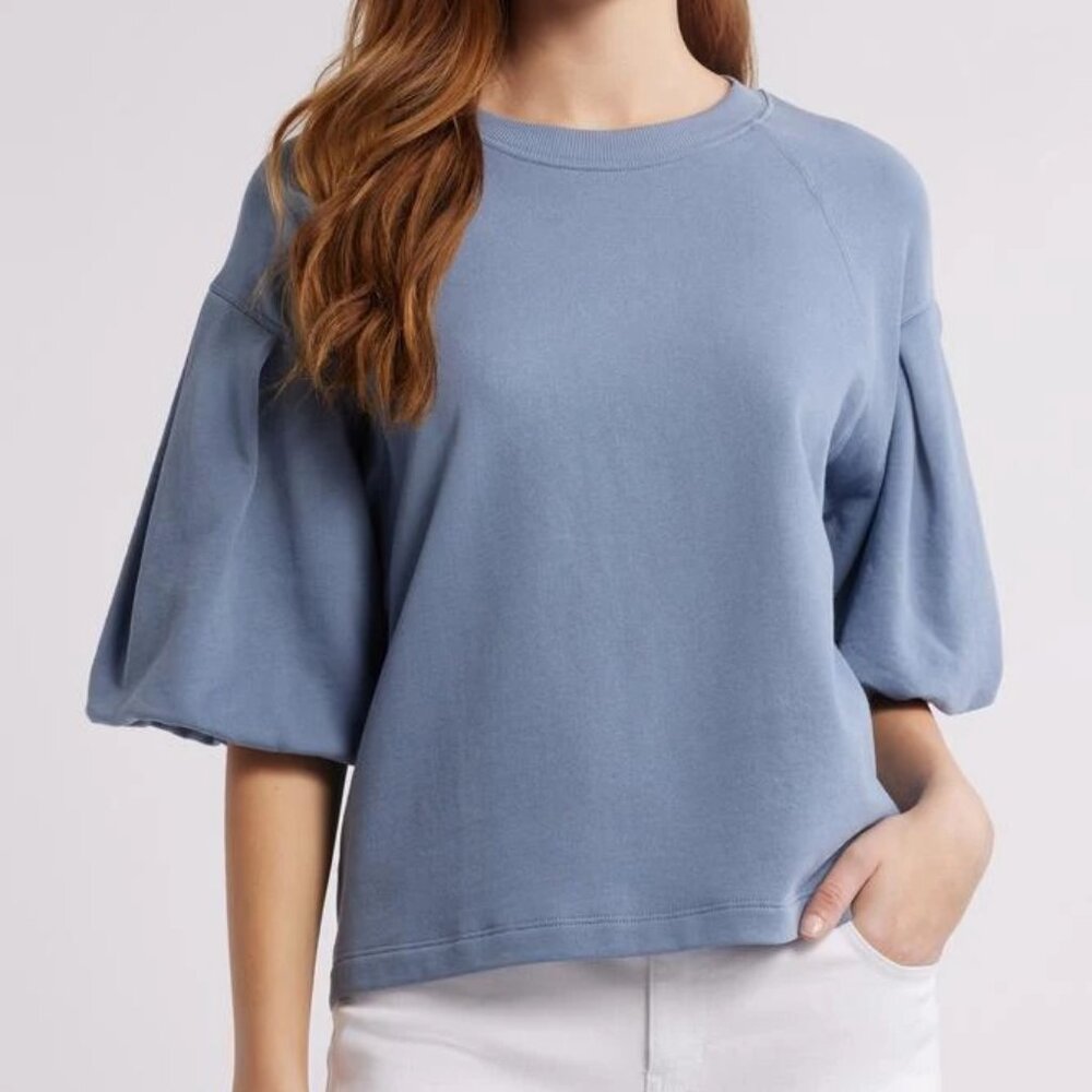 NWT Madewell Womens Puff Sleeve Sweatshirt Blue Cropped Pullover Cotton Top M
